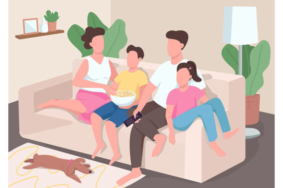Family Watch TV Flat Color Vector Review